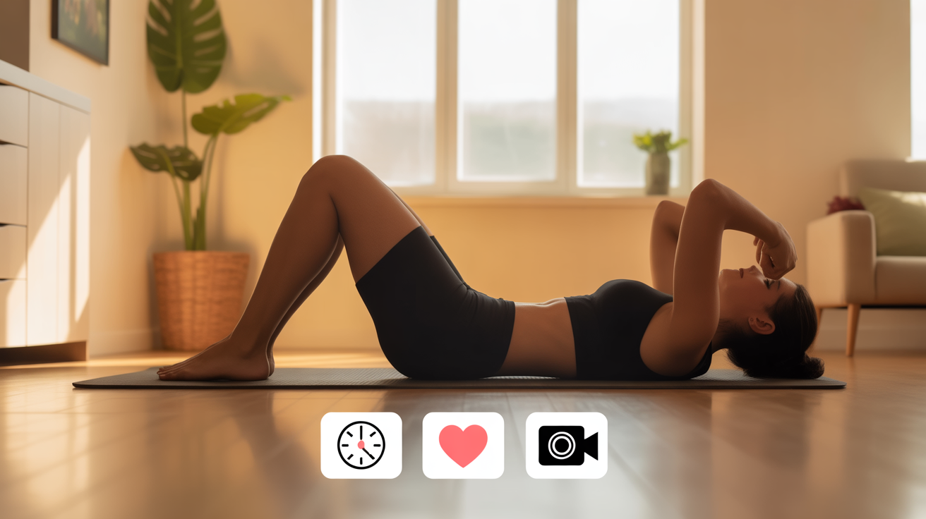 Silhouette femme réalisant un crunch, icônes temps, ressenti et suivi