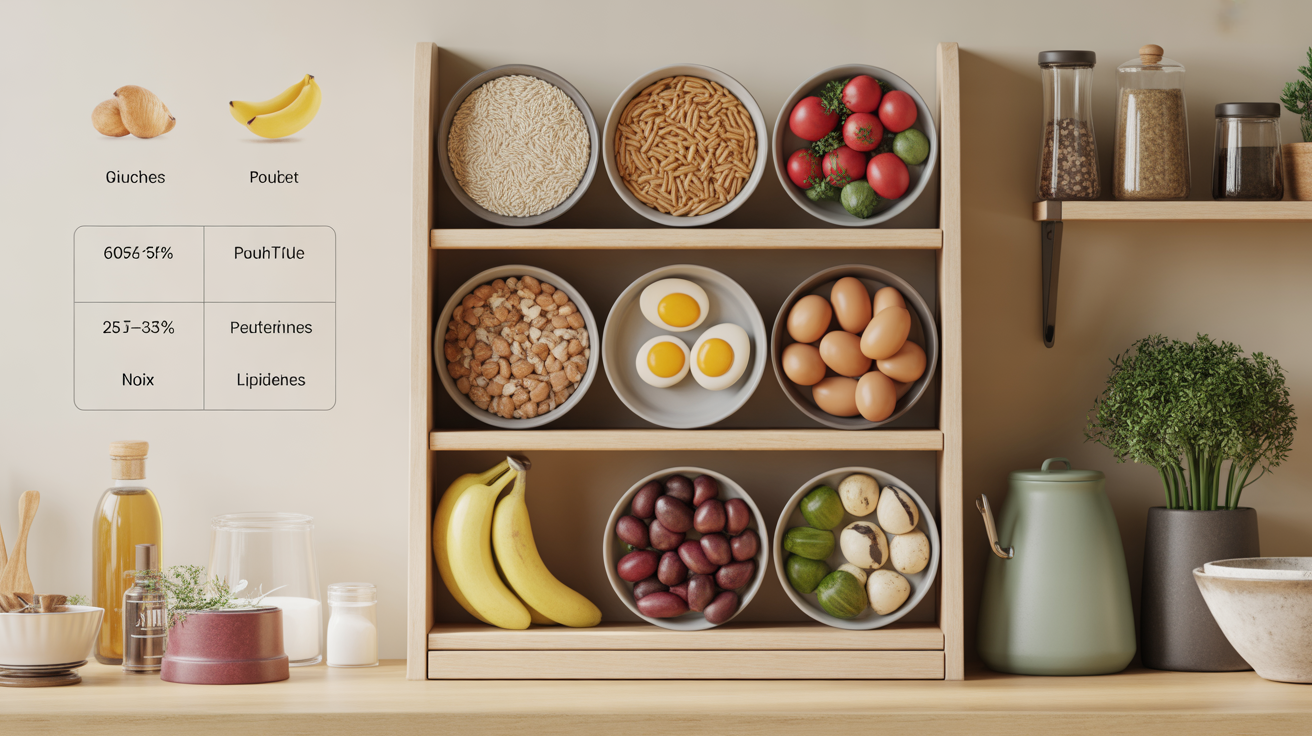 Aliments prise de masse, etagere avec glucides, proteines et lipides