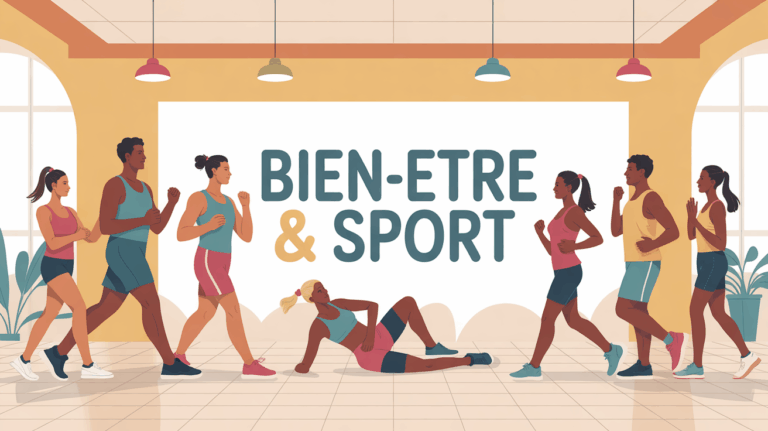 personnages de tous âges pratiquant sport et bien-être dans un salon