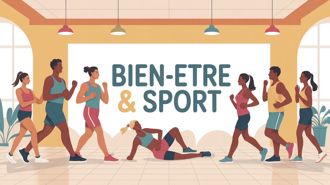 personnages de tous âges pratiquant sport et bien-être dans un salon