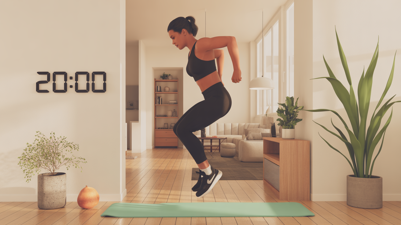 Femme fait jumping jacks cardio maison débutante