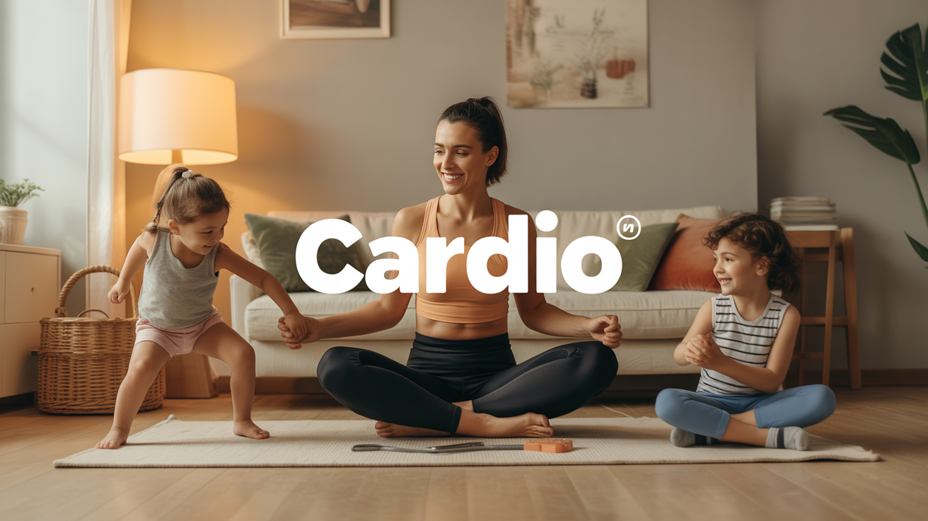 Maman fait cardio à la maison, bien-être, enfants à côté