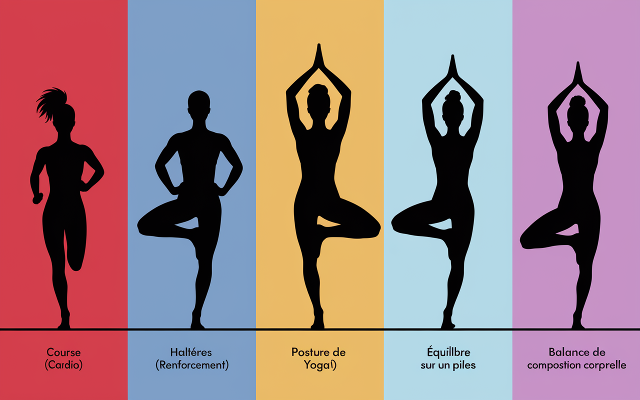 Silhouettes illustrant les piliers du fitness