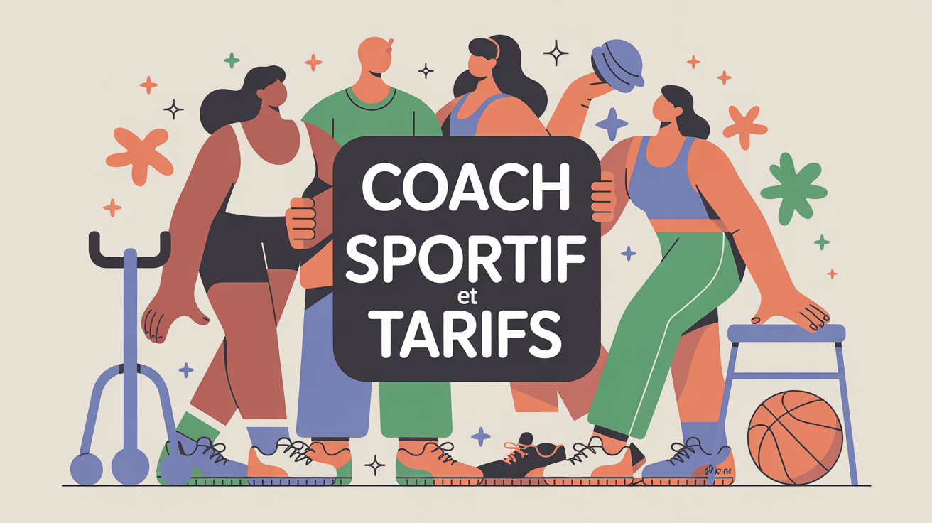 Silhouettes coach sportif et clients, ambiance dynamique, accessoires de sport