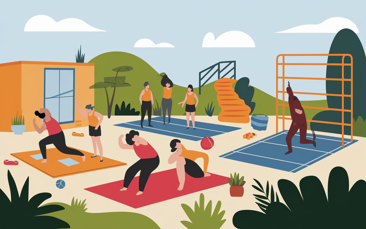 Scènes fitness en salle, plein air, maison