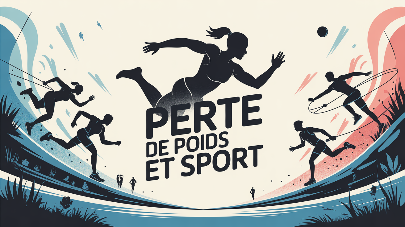Silhouette en mouvement, sports variés et texte perte de poids et sport