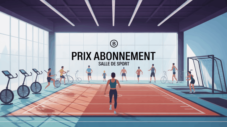 Salle de sport moderne, équipements et silhouettes en entraînement, prix abonnement visible