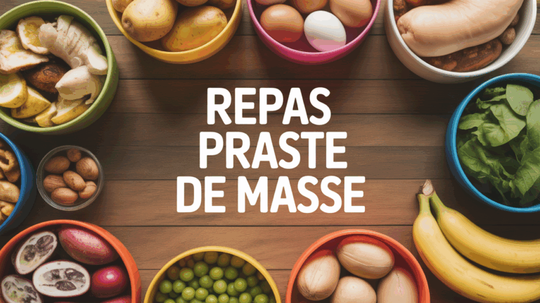Repas prise de masse, bols d’aliments riches sur table bois
