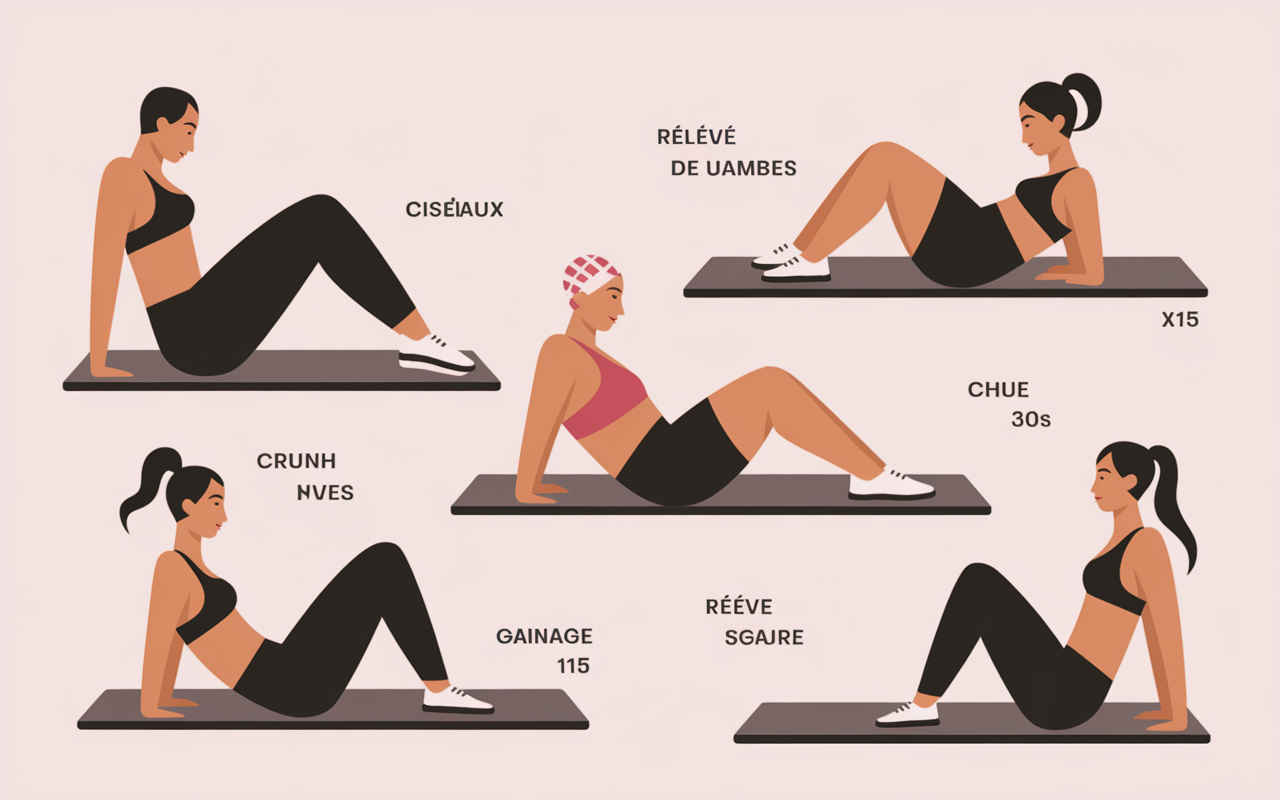 Planche exercices abdos bas du ventre femme sur tapis