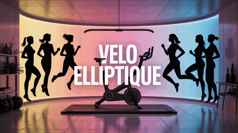 Femme sur vélo elliptique dans salon moderne, ambiance fitness