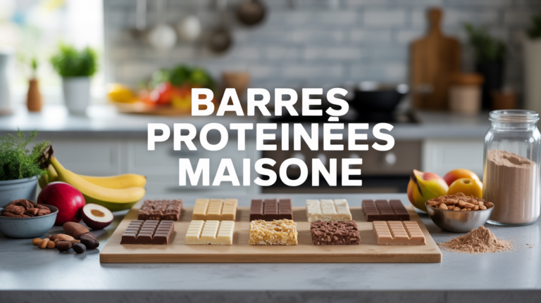 Barres proteinees maison variees et ingredients sur fond cuisine