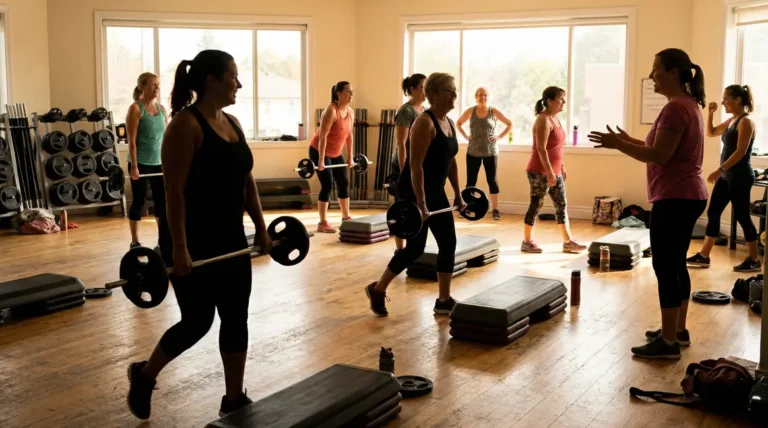 Femmes pratiquant le BodyPump en salle de fitness atmosphère dynamique