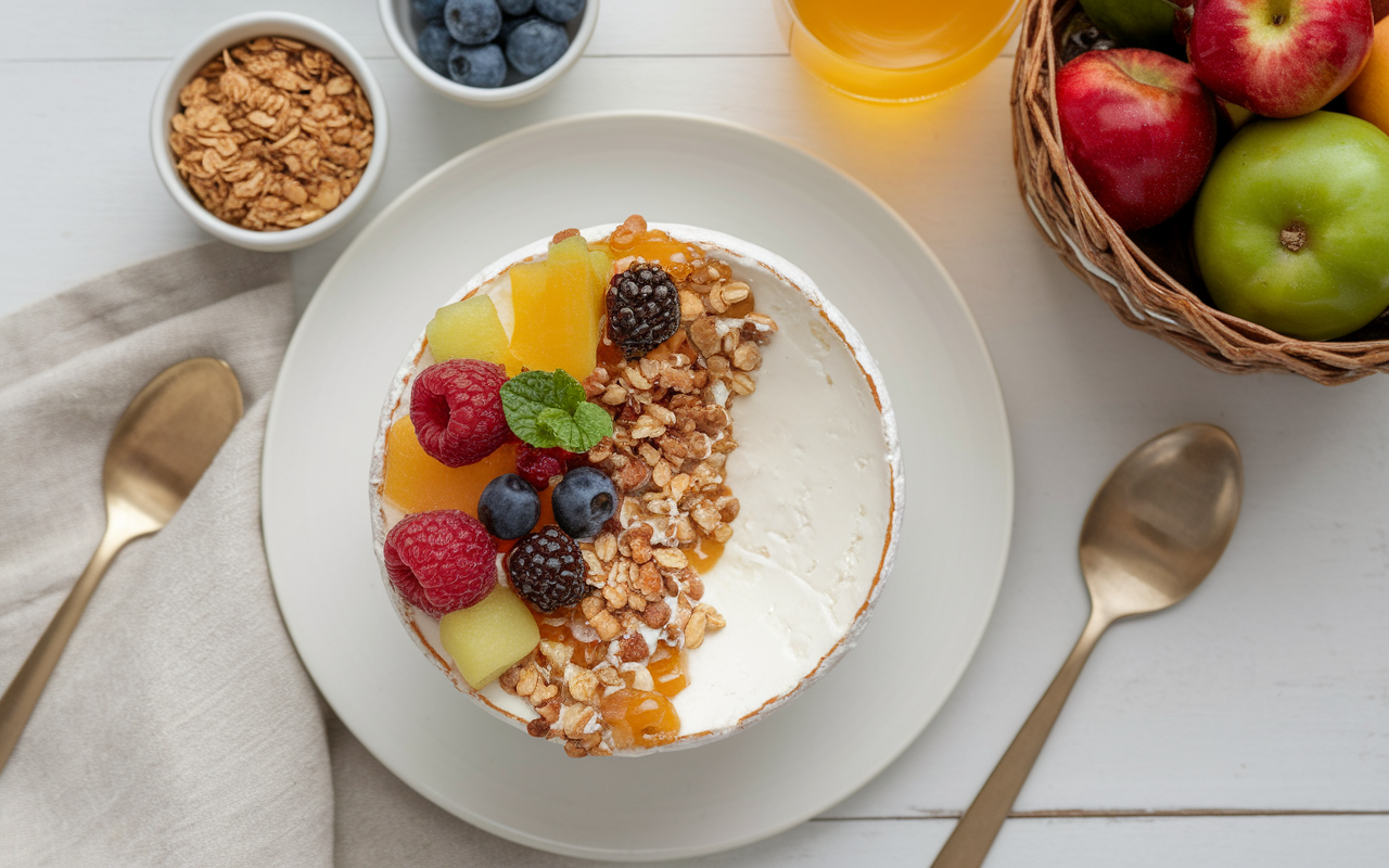 bol fromage blanc fruits granola flocons vue rapide