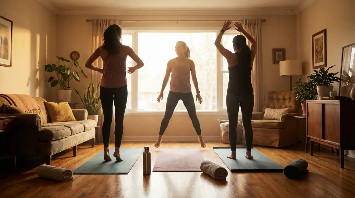 Femmes faisant du cardio-training dans un salon, ambiance dynamique