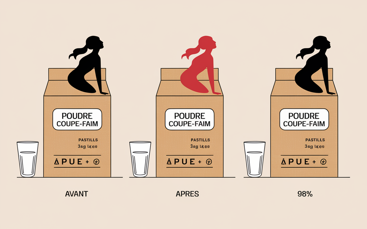 Boites poudre coupe-faim konjac avant après naturel