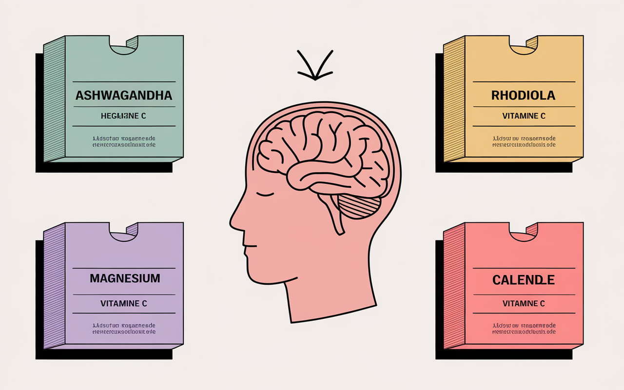 Boîtes de compléments anti-cortisol, calendrier, cerveau détendu