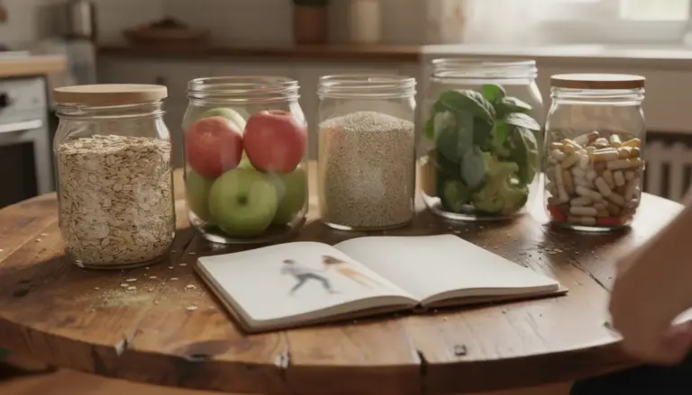 Table ronde avec aliments coupe-faim et brûleurs de graisses, carnet forme