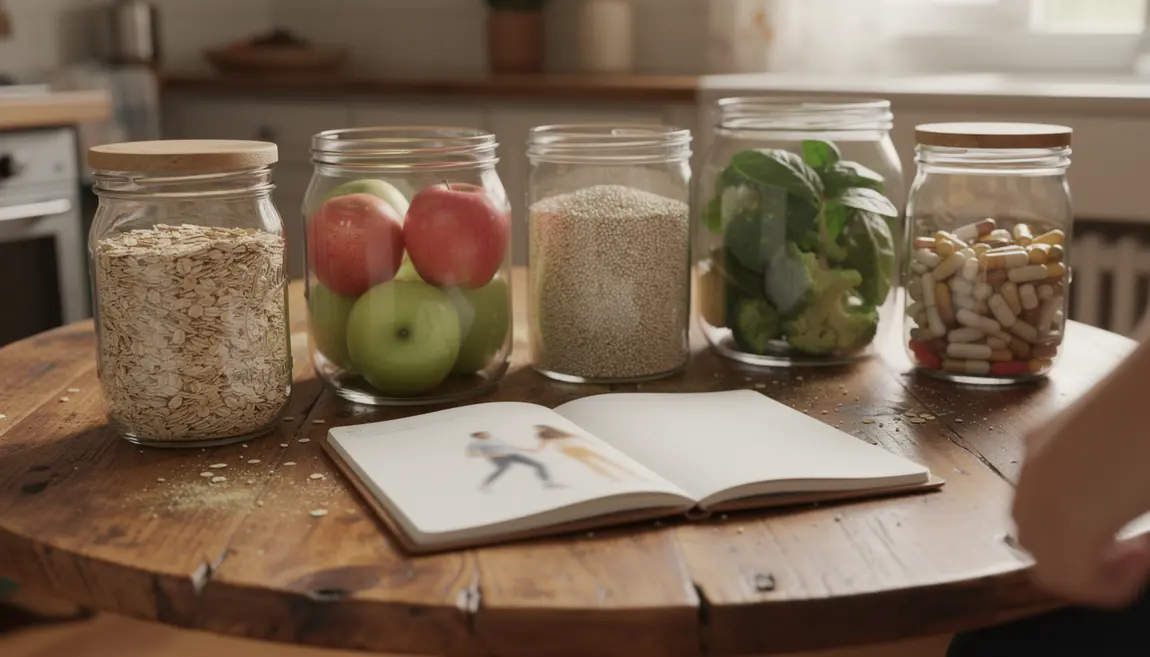 Table ronde avec aliments coupe-faim et brûleurs de graisses, carnet forme