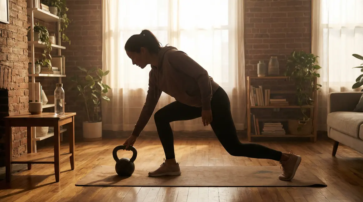 Exercice cross training femme à la maison avec tapis et kettlebell