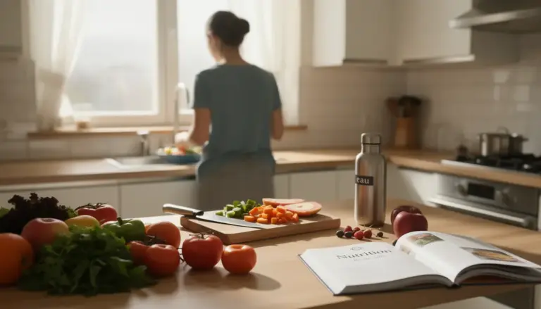cuisine moderne femme prepare repas equilibre avec fruits legumes gourde