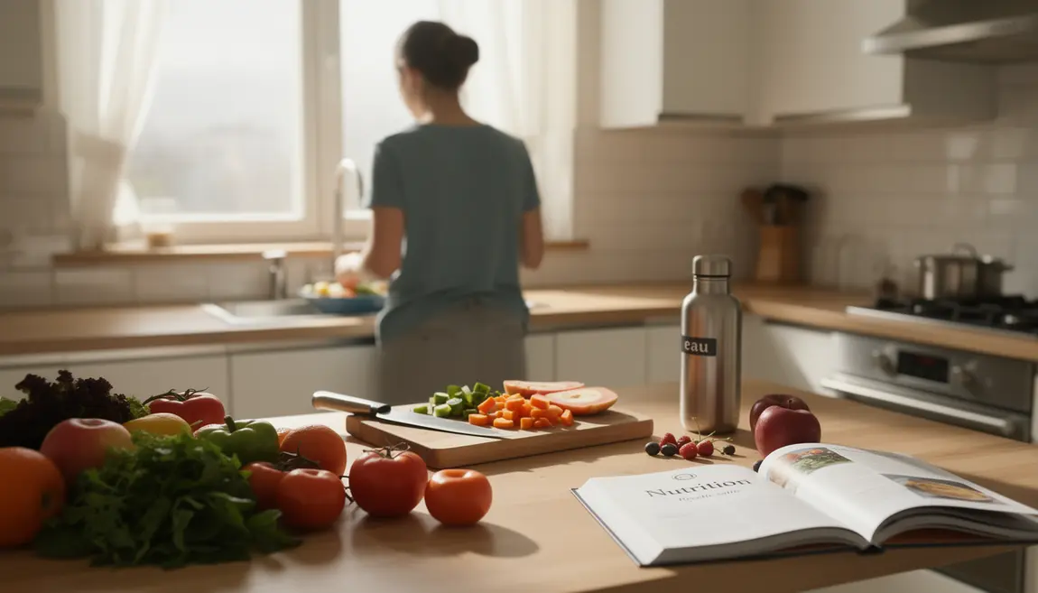 cuisine moderne femme prepare repas equilibre avec fruits legumes gourde