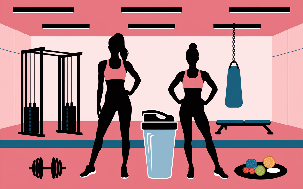 Silhouettes féminines et shaker prise de masse en salle de gym
