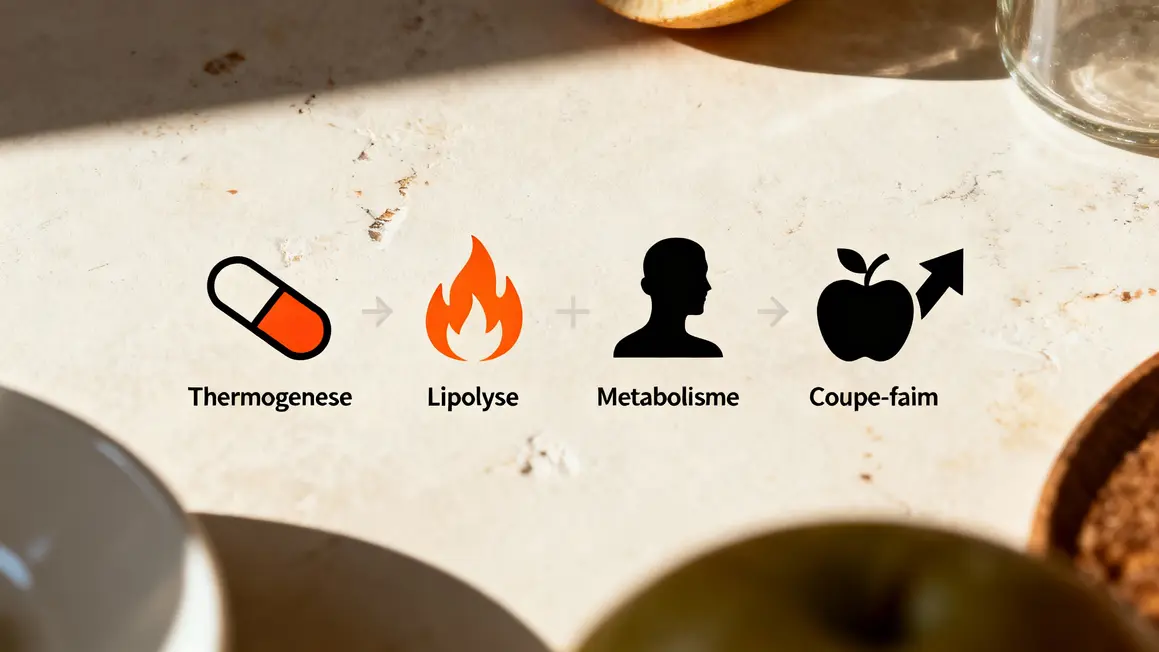 diagramme mecanismes pilules brule graisse avec icones thermogenese lipolyse