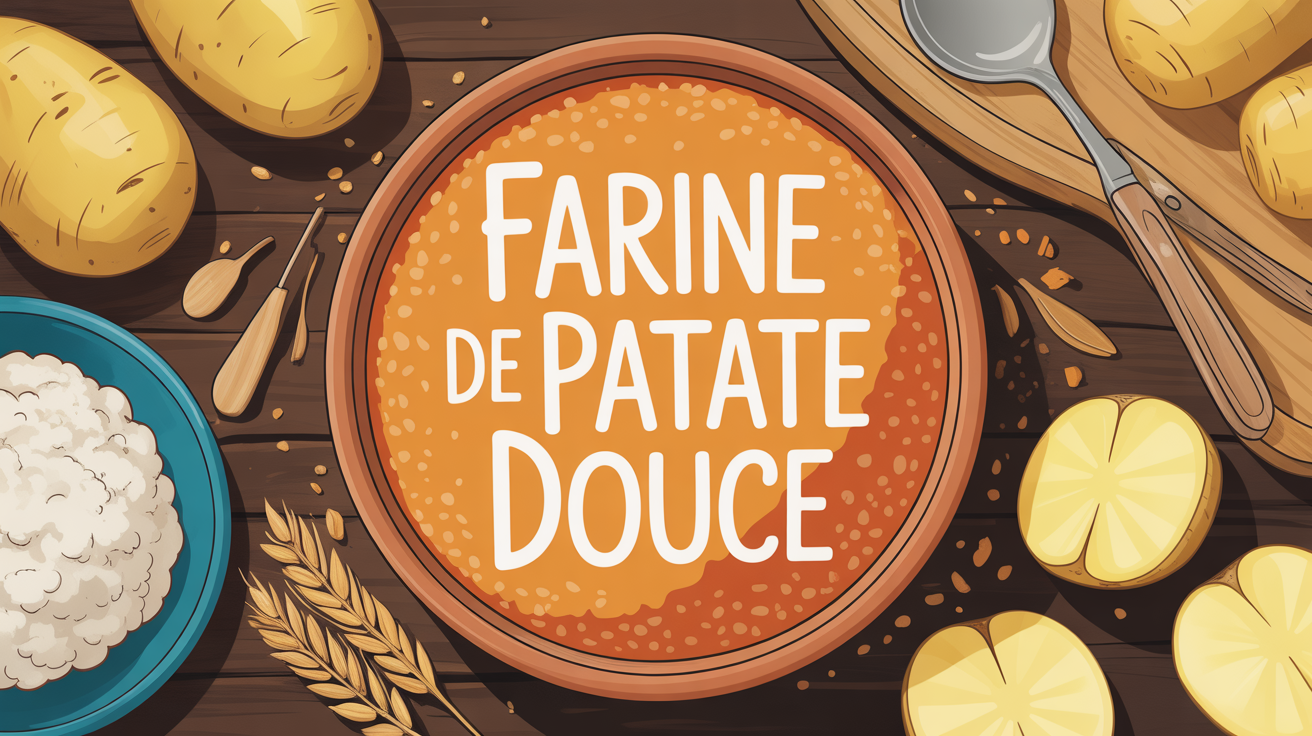 bol de farine de patate douce orange avec patates douces entieres et coupees