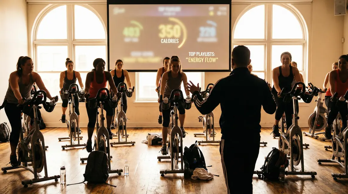Femmes sur vélos RPM en salle lumineuse