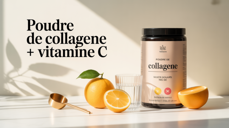 Poudre de collagene et vitamine C avec verre d'eau et doseur