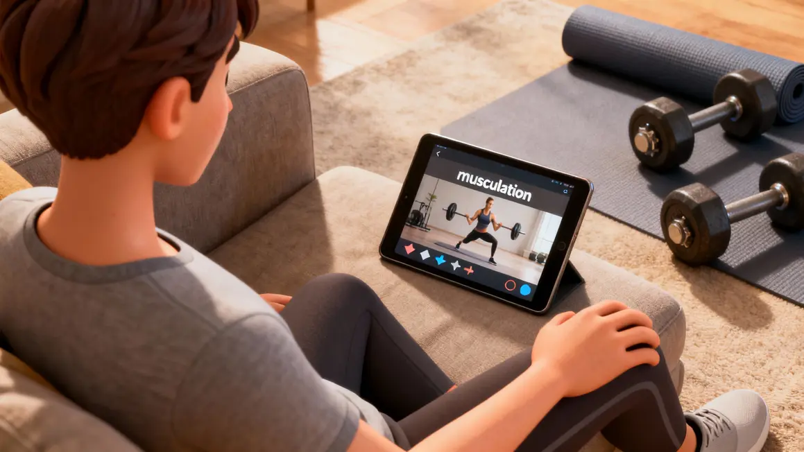 personne regarde vidéo musculation YouTube sur canapé