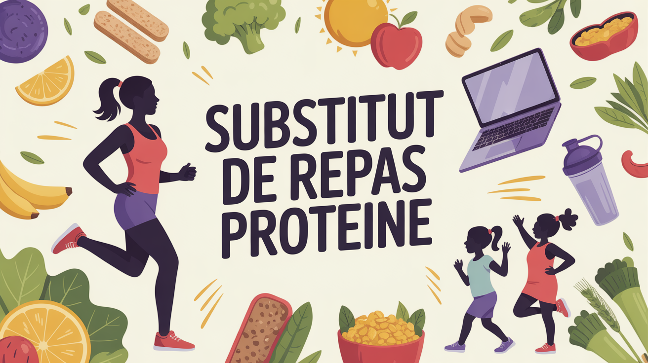 Illustration femme active avec substitut de repas protéiné et aliments équilibrés