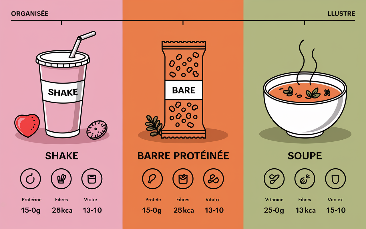 Table illustration substitut de repas protéiné shake barre soupe valeurs nutritionnelles