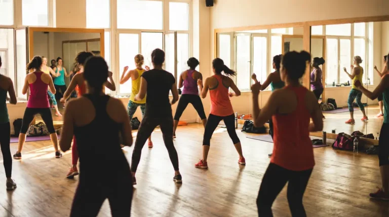 Zumba Fitness ambiance festive salle de sport silhouettes