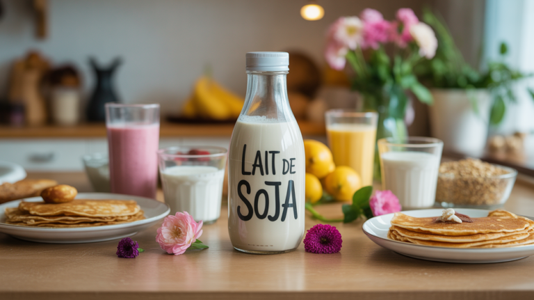 bienfaits du lait de soja sur table cuisine