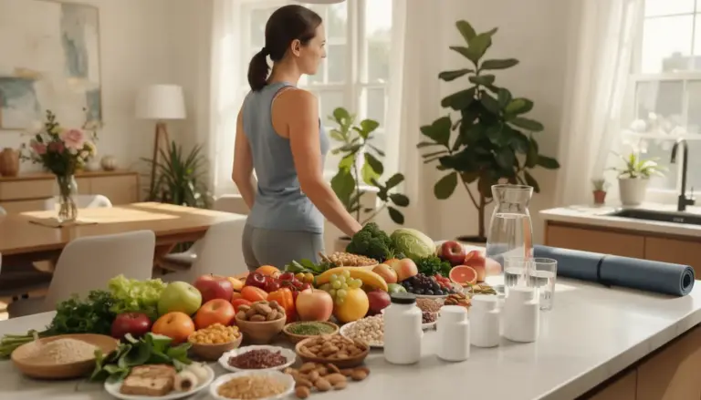 Femme active à la maison avec aliments sains et compléments brûleurs de graisse