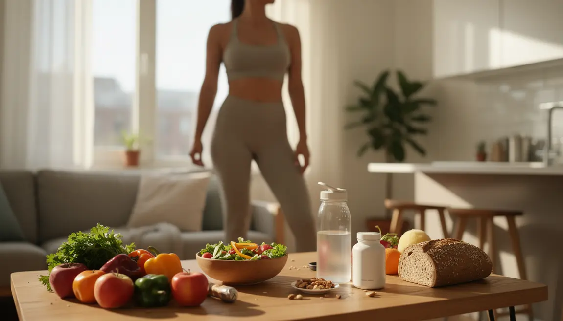 Femme sportive avec aliments sains et bruleur de graisse