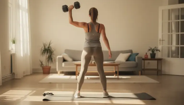 Femme dos effectuant dumbbell snatch salon haltere au-dessus tete