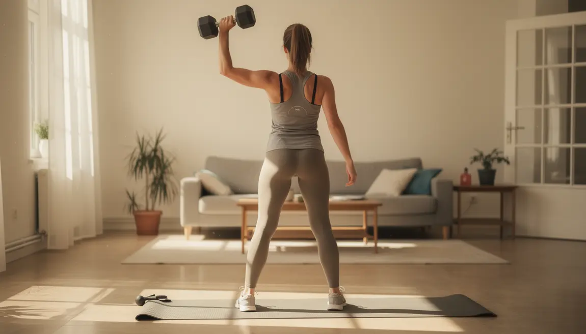 Femme dos effectuant dumbbell snatch salon haltere au-dessus tete