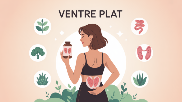 Femme tenant gelule pour ventre plat ambiance bien-être