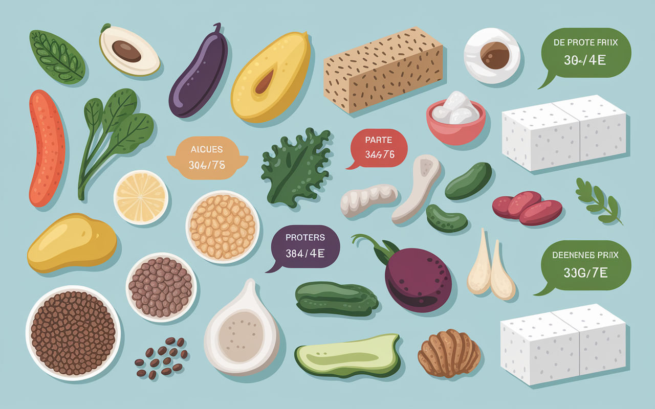 infographie legumes graines tofu algues avec chiffres proteines