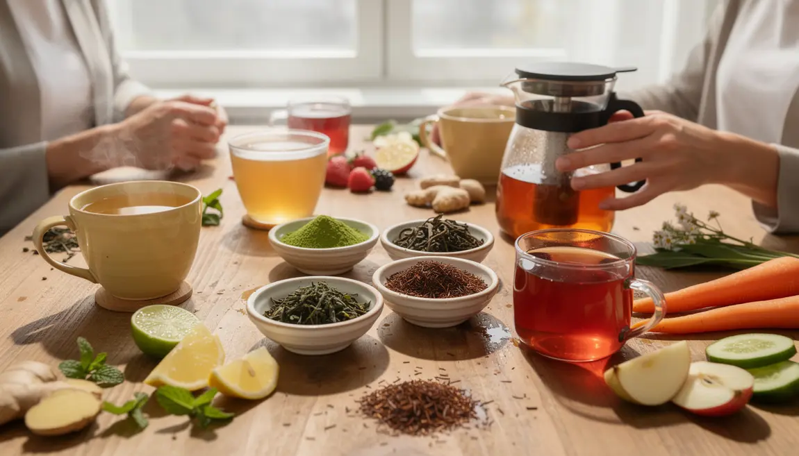 thés brûleurs de graisse en vrac, tasses, fruits, légumes