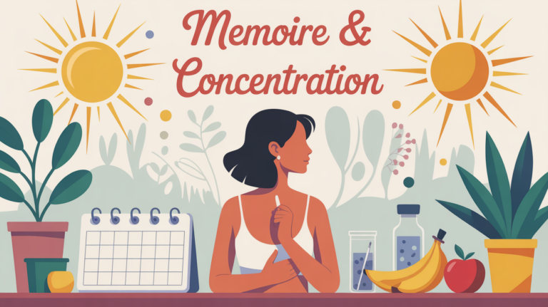 vitamine pour concentration memoire illustration femme objets