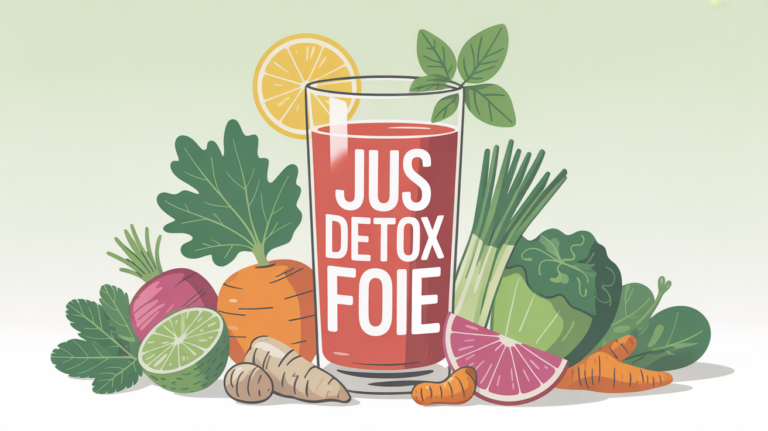 verre de jus detox pour le foie entouré de fruits et légumes frais