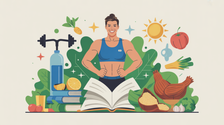 Personnage entouré d'aliments et d'un livre sur la nutrition sportive