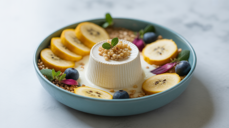 bowl petit dejeuner flocon d'avoine fromage blanc vu dessus