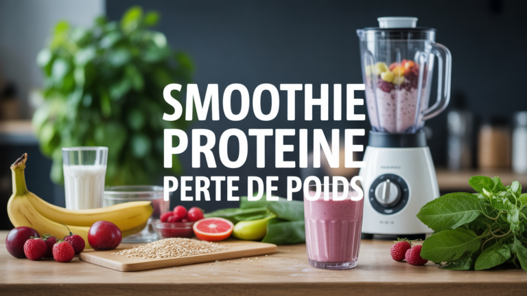 Smoothie proteine pour maigrir avec ingredients sur table