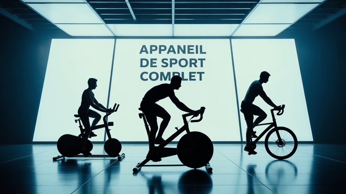 appareil de sport qui fait travailler tout le corps silhouettes dans salle lumineuse
