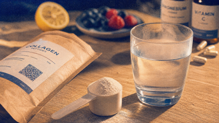 Collagene Nutri and Co : peptides marins 5000 mg, poudre et doseur sur table