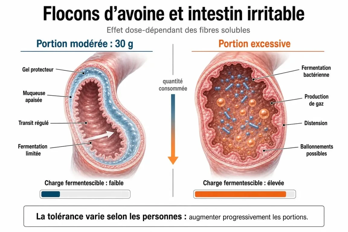 Infographie sur l'impact des flocons d'avoine et intestin irritable selon la quantité consommée